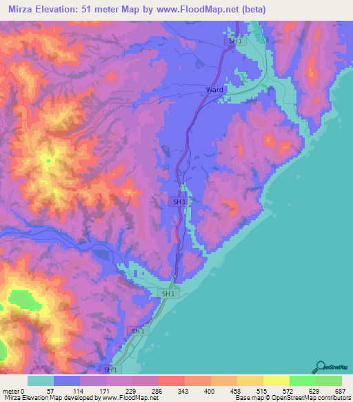 Mirza,New Zealand Elevation Map