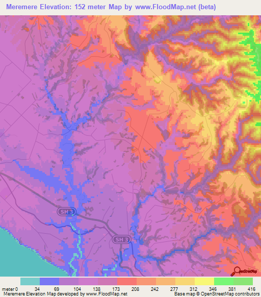 Meremere,New Zealand Elevation Map