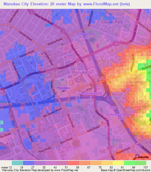 Manukau City,New Zealand Elevation Map