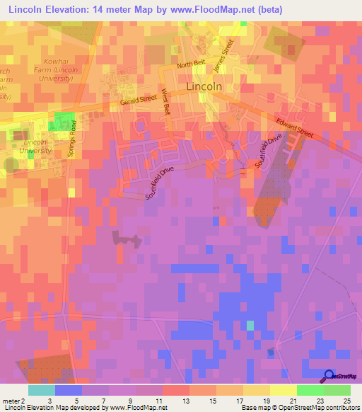 Lincoln,New Zealand Elevation Map