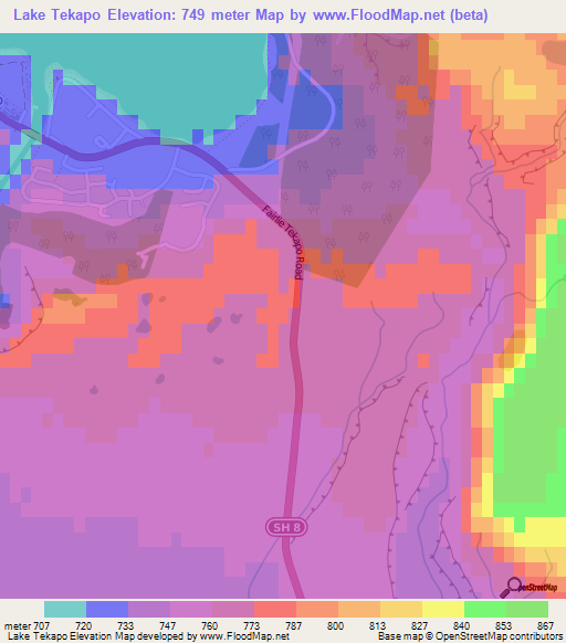 Lake Tekapo,New Zealand Elevation Map