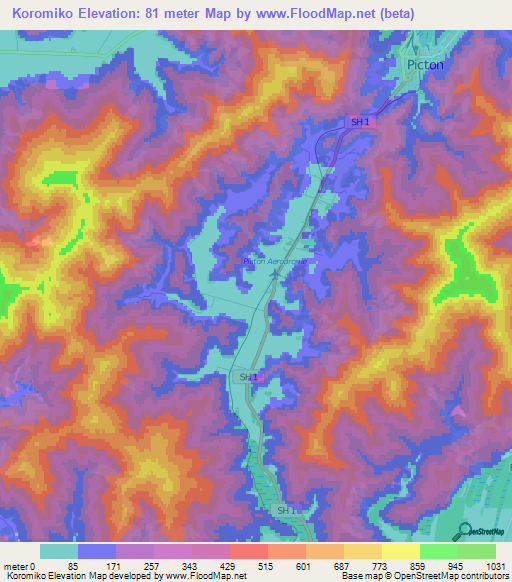 Koromiko,New Zealand Elevation Map