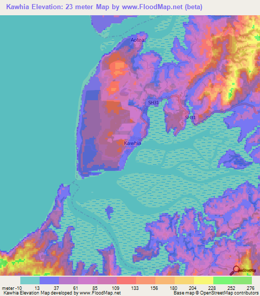 Kawhia,New Zealand Elevation Map