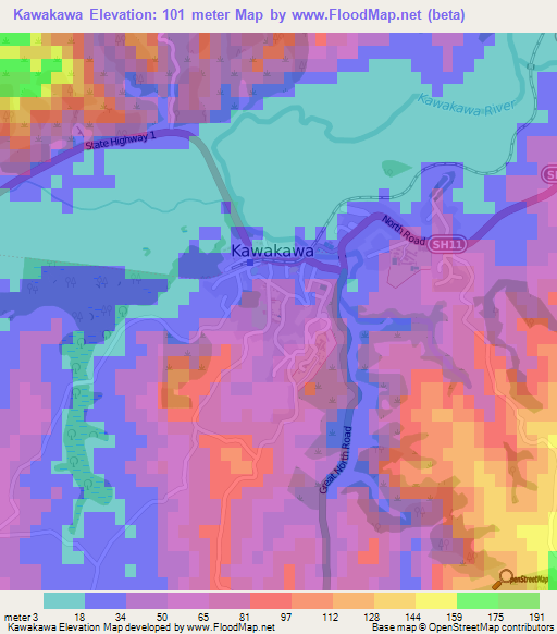 Kawakawa,New Zealand Elevation Map