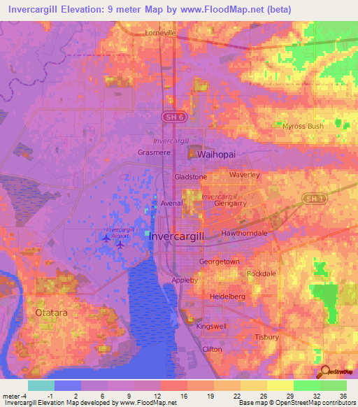 Invercargill,New Zealand Elevation Map