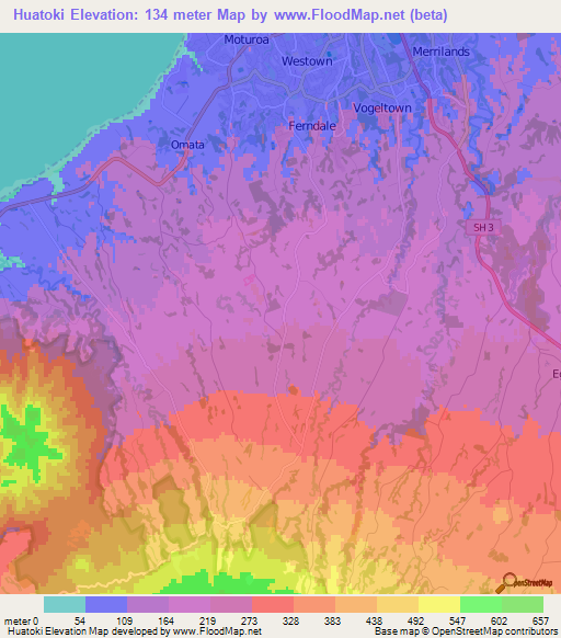 Huatoki,New Zealand Elevation Map