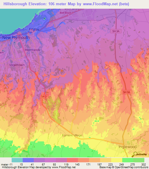 Hillsborough,New Zealand Elevation Map
