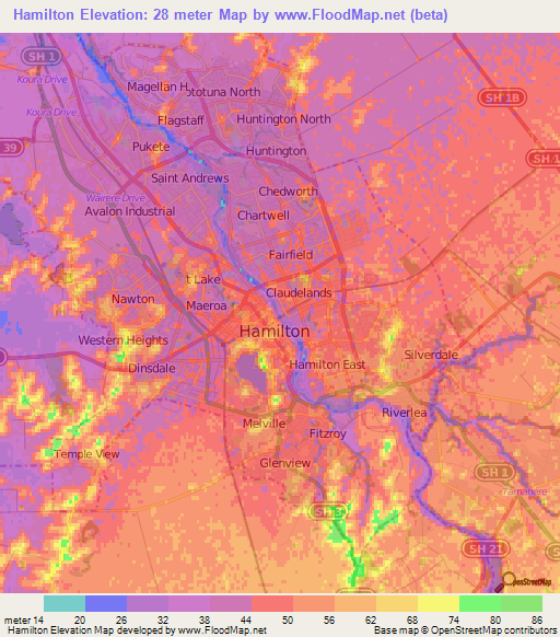 Hamilton,New Zealand Elevation Map