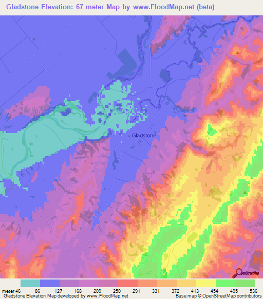 Gladstone,New Zealand Elevation Map