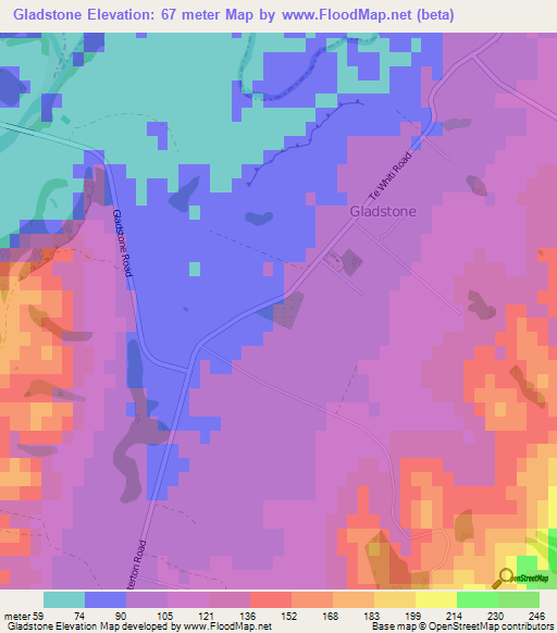Gladstone,New Zealand Elevation Map