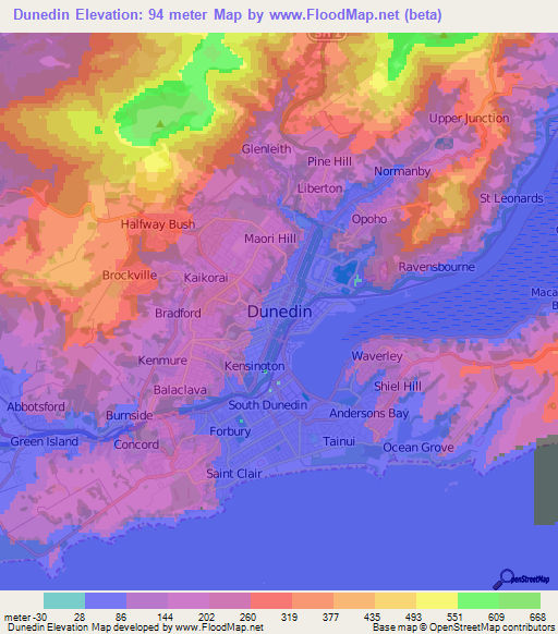 Dunedin,New Zealand Elevation Map