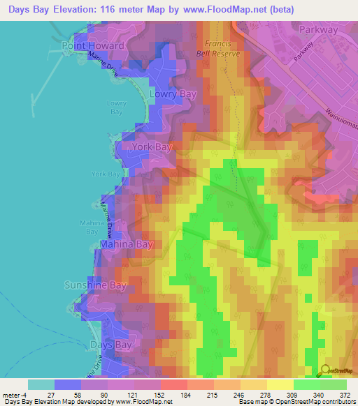 Days Bay,New Zealand Elevation Map