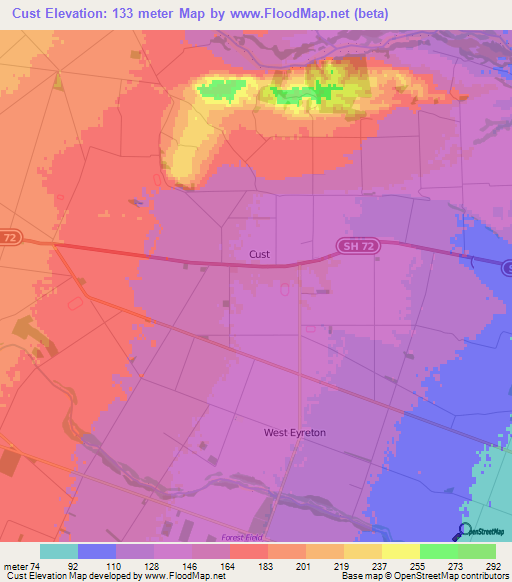 Cust,New Zealand Elevation Map