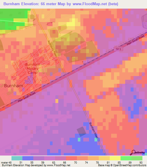 Burnham,New Zealand Elevation Map