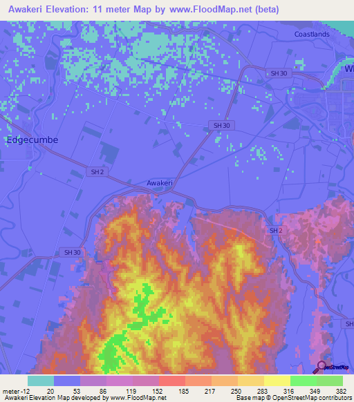 Awakeri,New Zealand Elevation Map