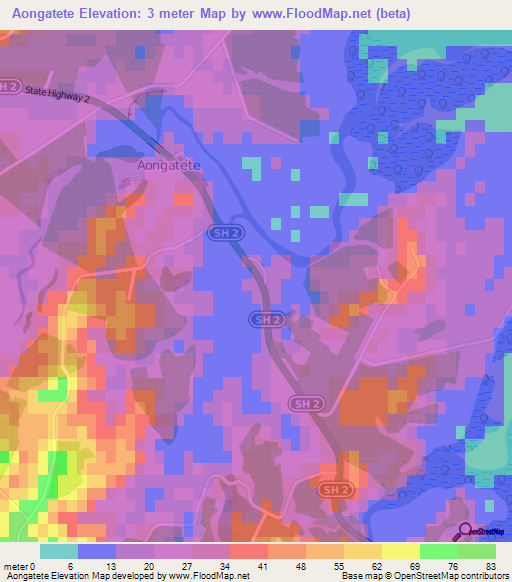 Aongatete,New Zealand Elevation Map