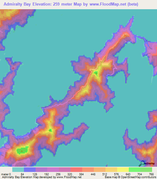 Admiralty Bay,New Zealand Elevation Map