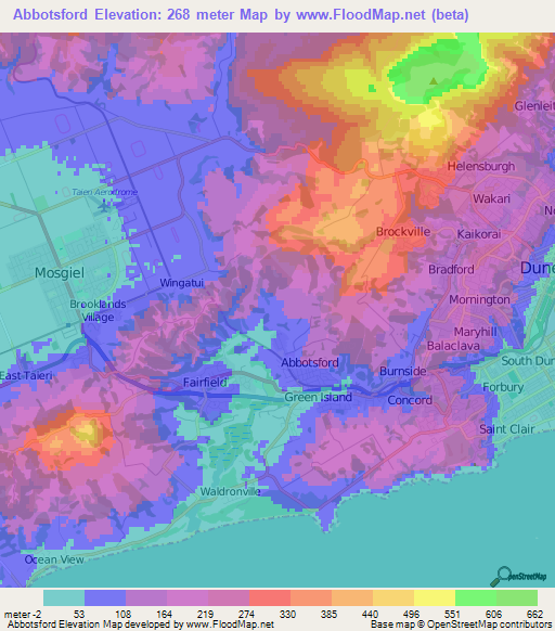 Abbotsford,New Zealand Elevation Map