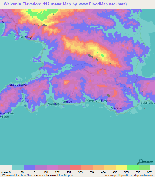 Waivunia,Fiji Elevation Map