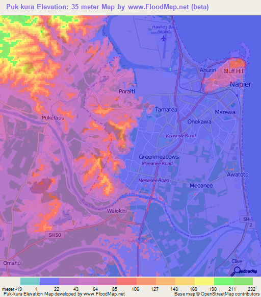Puk-kura,New Zealand Elevation Map