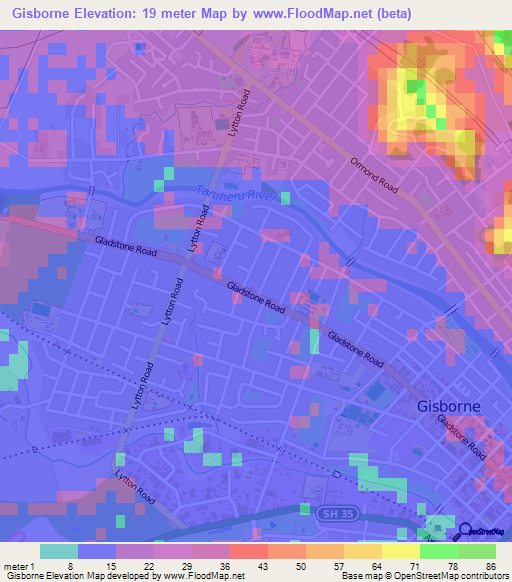 Gisborne,New Zealand Elevation Map
