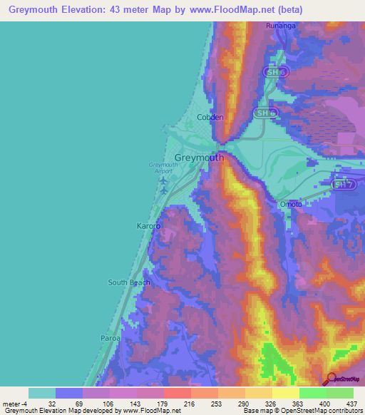 Greymouth,New Zealand Elevation Map