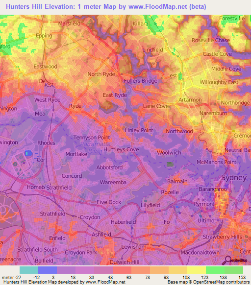 Hunters Hill,Australia Elevation Map