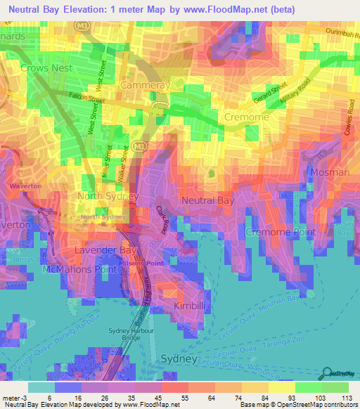 Neutral Bay,Australia Elevation Map