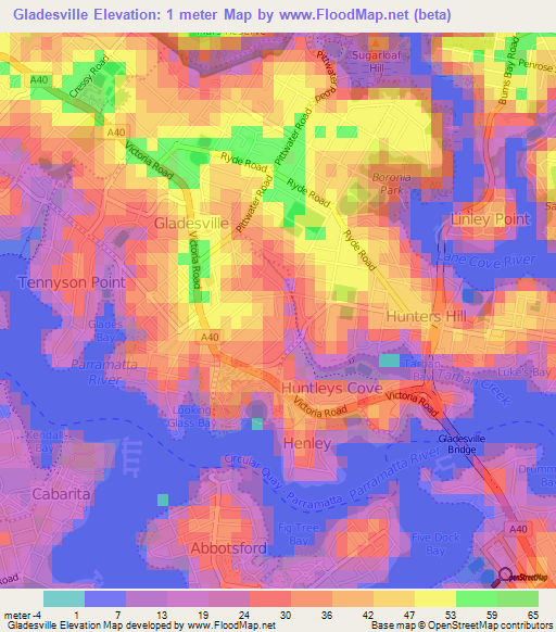 Gladesville,Australia Elevation Map
