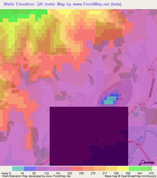 Waihi,New Zealand Elevation Map