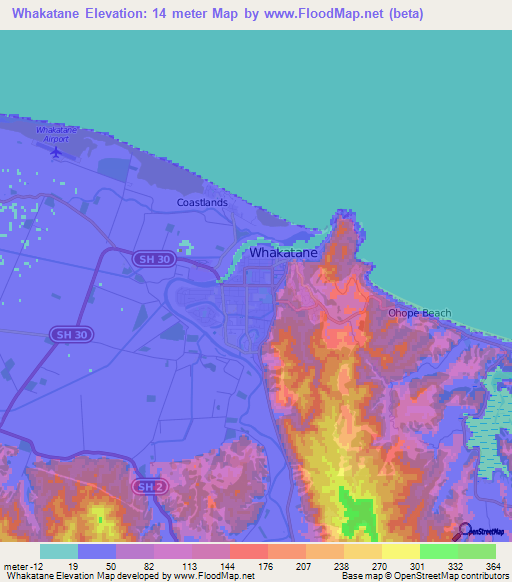 Whakatane,New Zealand Elevation Map