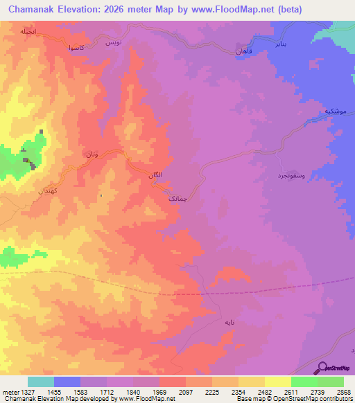 Chamanak,Iran Elevation Map