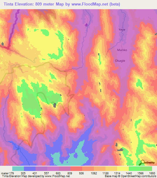 Tinta,Cameroon Elevation Map