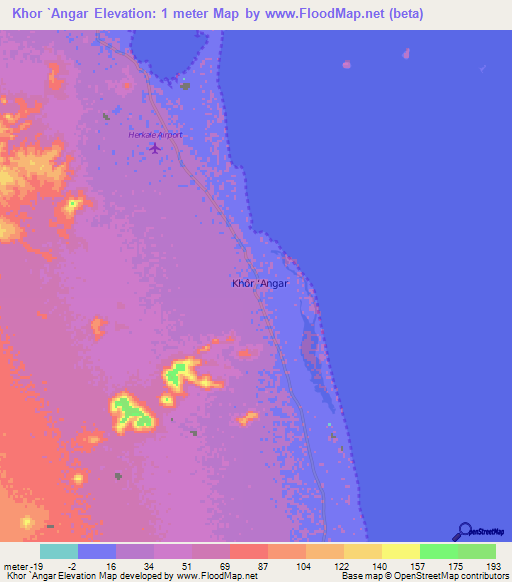 Khor `Angar,Djibouti Elevation Map