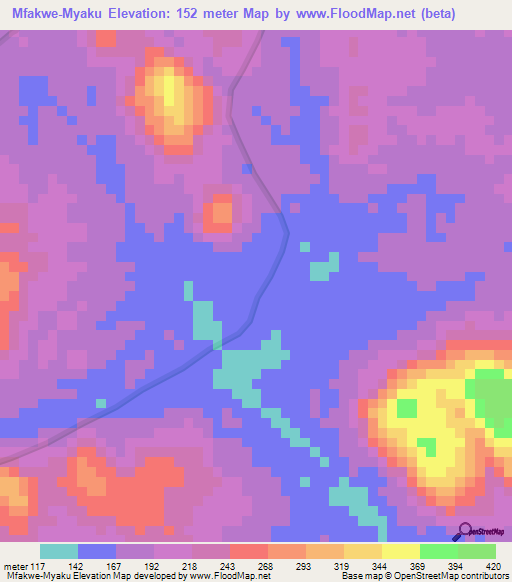 Mfakwe-Myaku,Cameroon Elevation Map