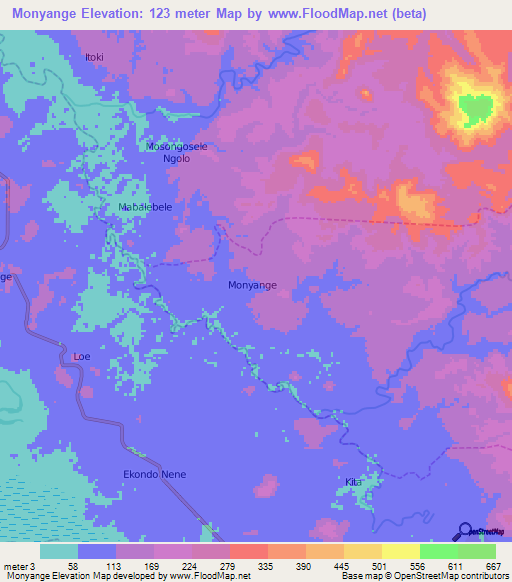 Monyange,Cameroon Elevation Map