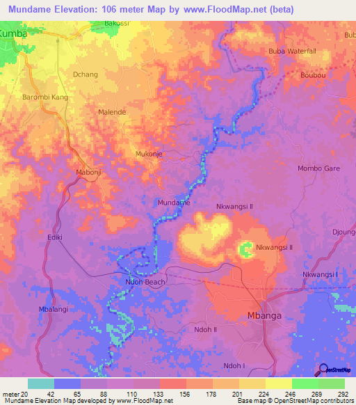Mundame,Cameroon Elevation Map