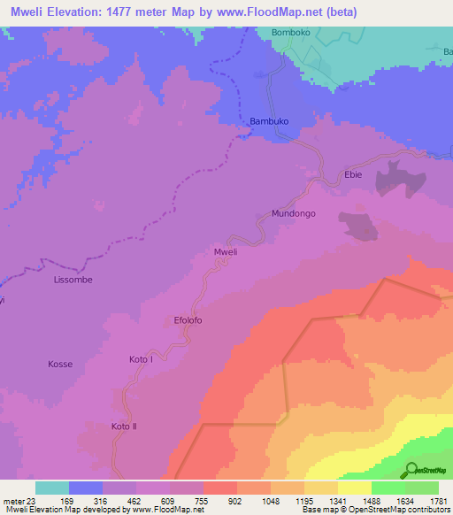Mweli,Cameroon Elevation Map