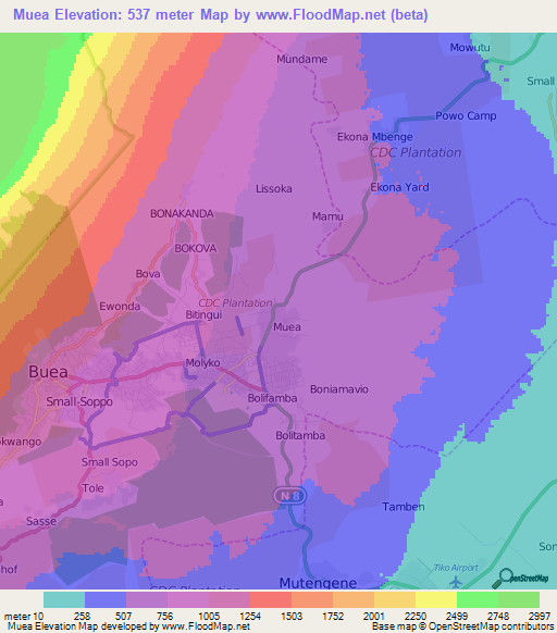 Muea,Cameroon Elevation Map