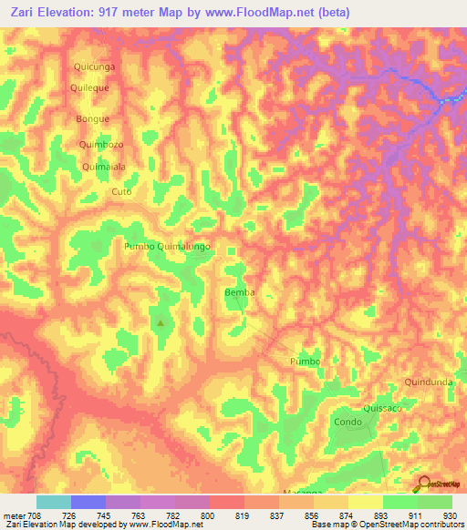 Zari,Angola Elevation Map