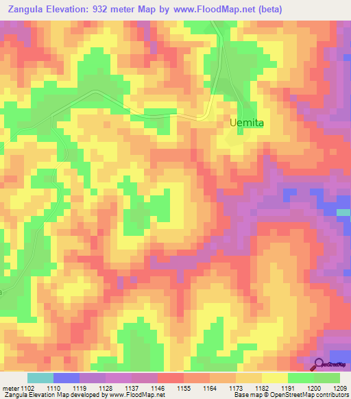 Zangula,Angola Elevation Map