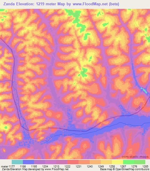 Zanda,Angola Elevation Map