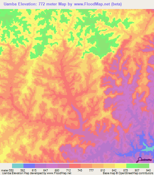 Uamba,Angola Elevation Map