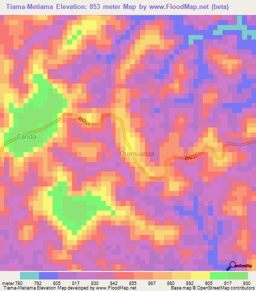 Tiama-Metiama,Angola Elevation Map