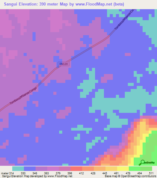 Sangui,Angola Elevation Map