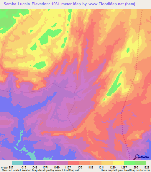Samba Lucala,Angola Elevation Map