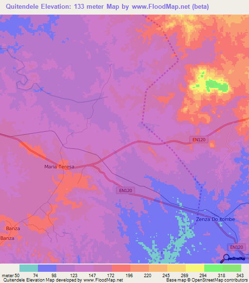 Quitendele,Angola Elevation Map