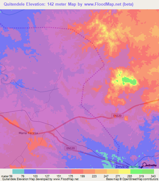 Quitendele,Angola Elevation Map