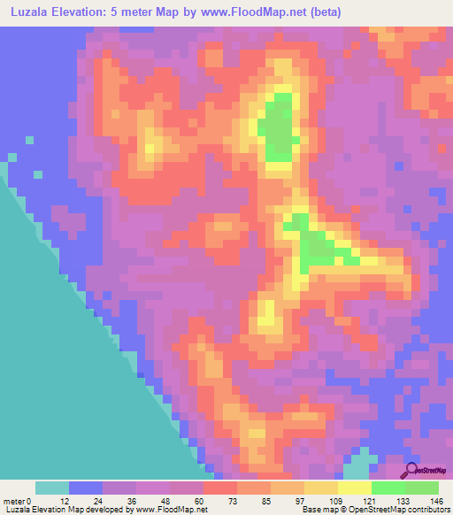 Luzala,Angola Elevation Map
