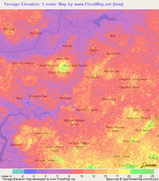 Yervago,Senegal Elevation Map